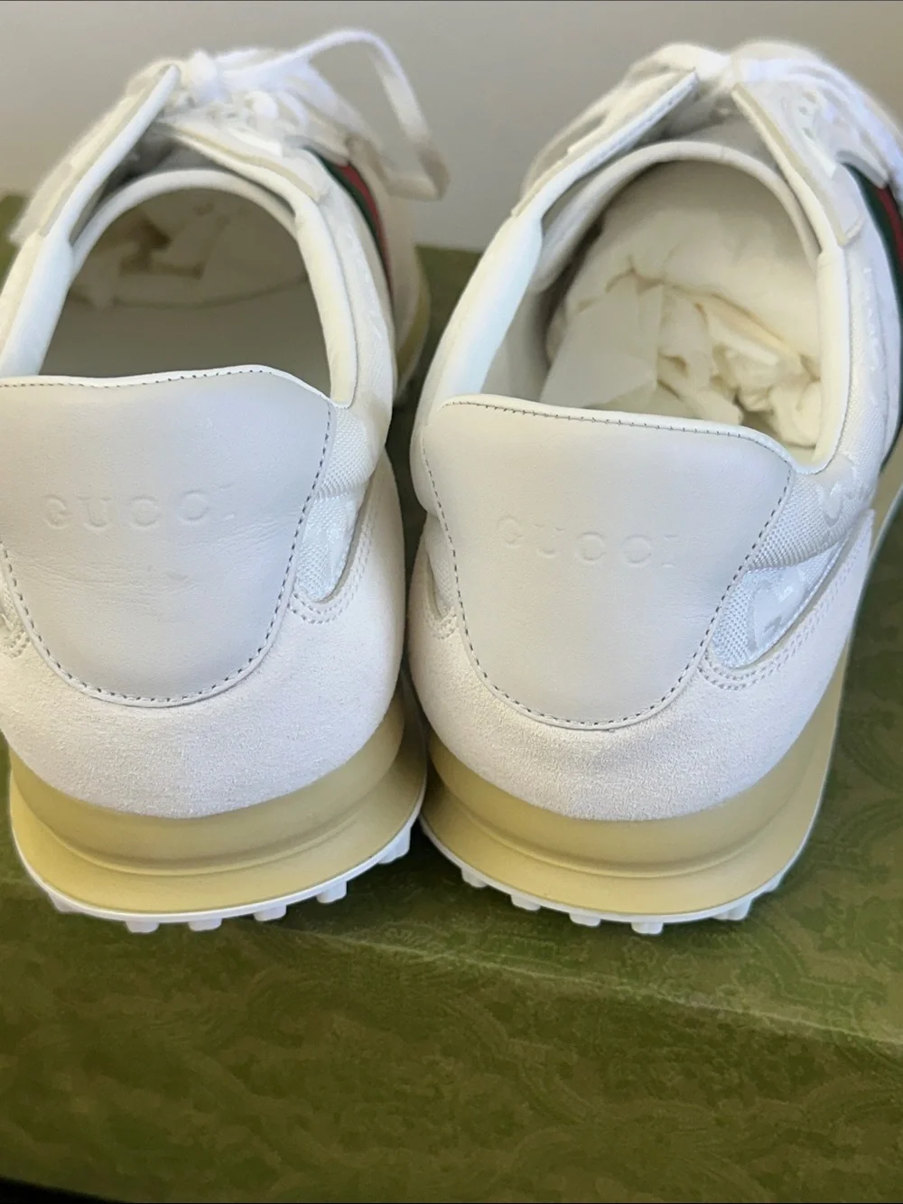 White Gucci Sneakers with Green & Red Stripe